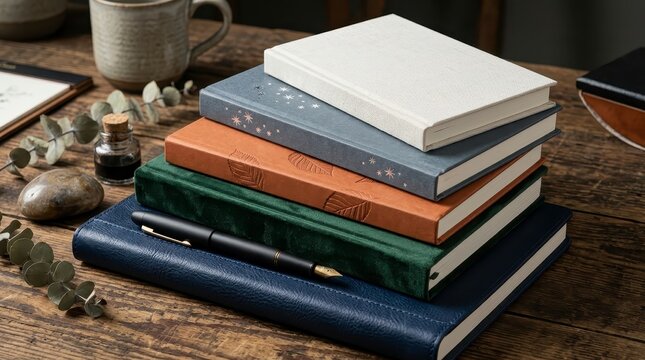 Stack of colorful journals with fountain pen on wooden table