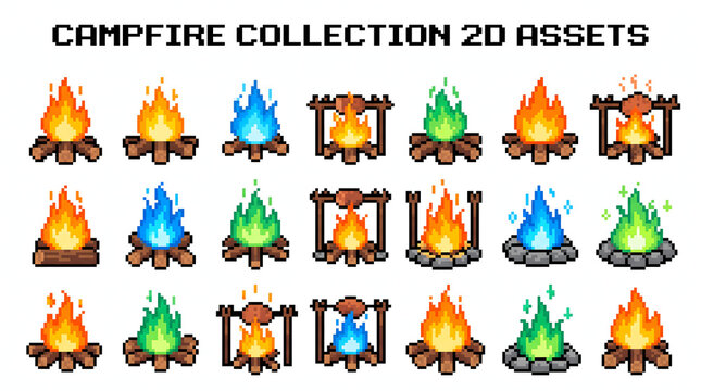 Retro pixel art campfire collection featuring various flame colors and cooking equipment for games