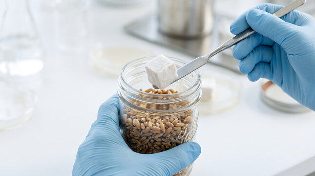 Scientist placing white cube sample into glass jar with wheat grains wearing blue nitrile gloves for laboratory analysis in clean controlled environment.