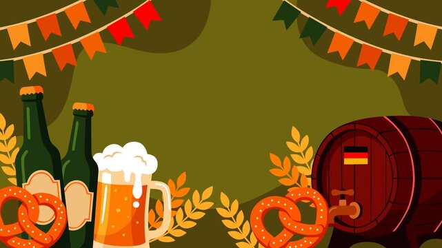 Festive Oktoberfest animated footage featuring German beer bottles, frothy beer mug, traditional pretzels, golden wheat branches, decorative bunting, and a wooden beer barrel. Ideal for festival