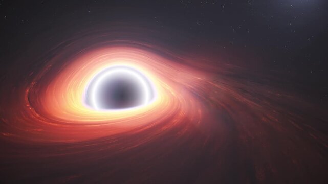 Astrophysics galaxy concepts, realistic black hole event horizon with bright photon ring deep space galaxy. 3d animation.