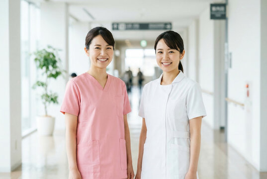 病院の廊下で笑顔で並んで立つ20代日本人女性医療従事者2人