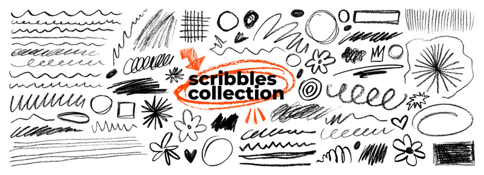 Crayon drawn underlines, messy scribbles and scrawls, flower shapes and oval for hand drawn notes and diary design. Doodle scribble highlight underlines. Messy scribble strokes and lines.