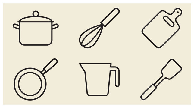 Kitchen and cooking equipment line art icon set featuring pot whisk cutting board pan measuring cup and spatula cooking icons kitchen utensils culinary tools food preparation