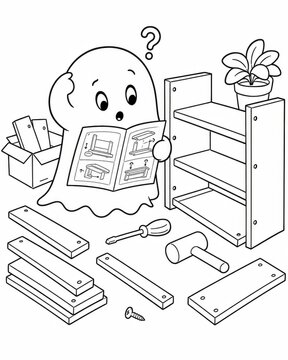 Adorable kawaii ghost putting together furniture surrounded by halloween decorations in a warm and inviting setting