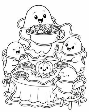 Spooky cute kawaii ghosts enjoying a cozy halloween feast with pasta and pumpkins in a fun coloring book style