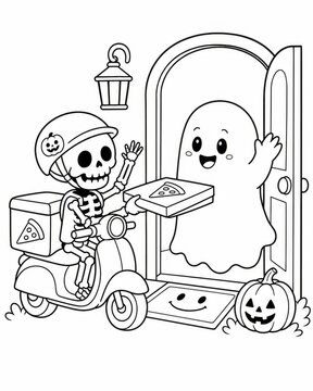 Spooky cute halloween scene with kawaii ghost and skeleton delivering pizza &ndash; printable coloring book page