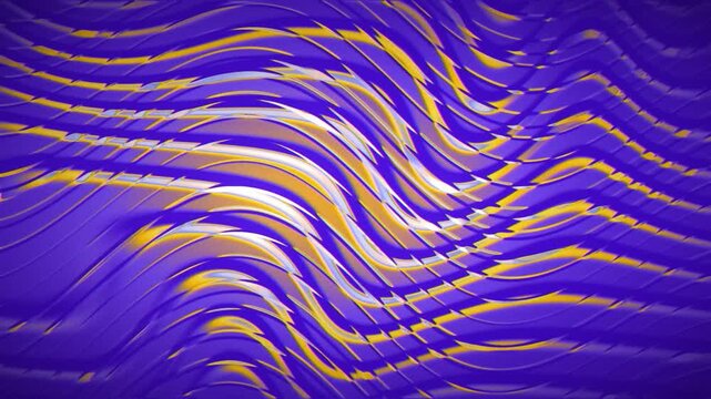 Seamless 3D loop of abstract neon gradient waves with glitch distortion and smooth glossy motion. Vibrant purple and gold flowing pattern in a modern digital aesthetic.