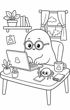 Adorable kawaii ghost in a home office surrounded by cozy halloween decorations perfect for a printable coloring book
