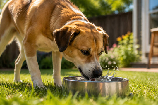 Dog drinking water from metal bowl in backyard, pet hydration and thirst