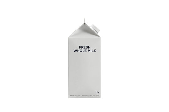 White paperboard carton container for fresh whole milk with one liter capacity and minimalist text labeling isolated on a transparent background