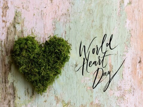 World heart day message with green heart shape and handwritten text
