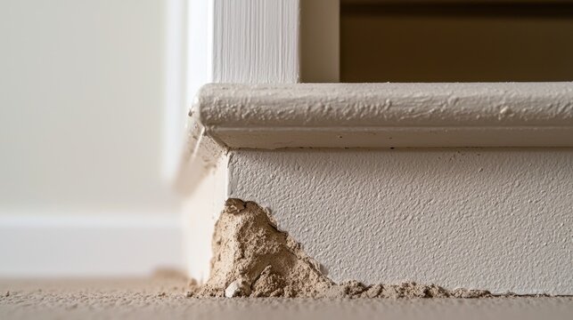 A close-up of a damaged wall corner with exposed dirt and plaster.