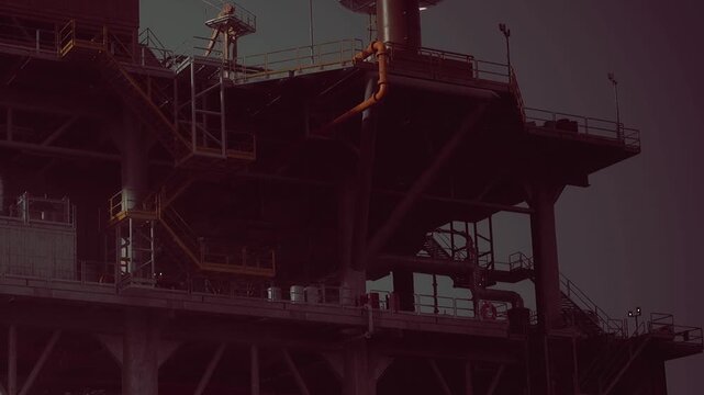 At dusk, an oil rig stands tall with various equipment in view. Safety features and access points are highlighted as the sun sets behind the structure in the water.