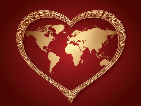 World map inside a decorative heart frame on red background
