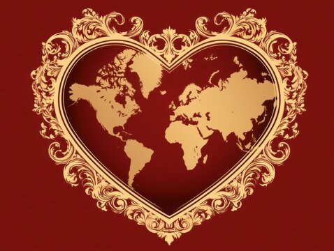World map inside a decorative heart frame on red background