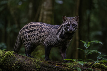 Obraz premium Wild African civet on mossy log in dim rainforest, spotted coat and dark face mask, wildlife and nature concept