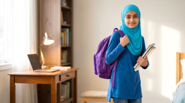 Smiling teenage girl in hijab with backpack holding books ready for school in bedroom at home.