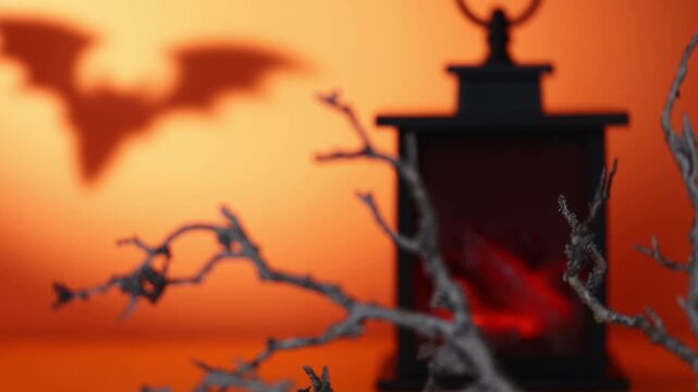 Rack focus from dry branch to glowing lantern fireplace with moving bat shadow for Halloween decor, spooky backgrounds and seasonal design
