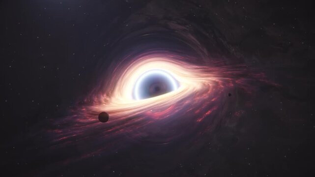 Sci-fi space background, Swirling energy accretion disk surrounding black hole. 3d animation.