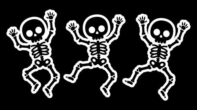 Funny dancing skeletons illustration set on black background for halloween