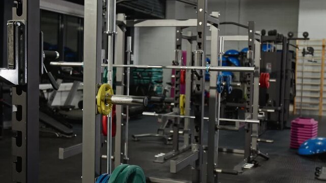 Empty gym interior showcasing professional weightlifting racks and barbells. Footage is ideal for fitness center advertisements and gym membership promotional videos