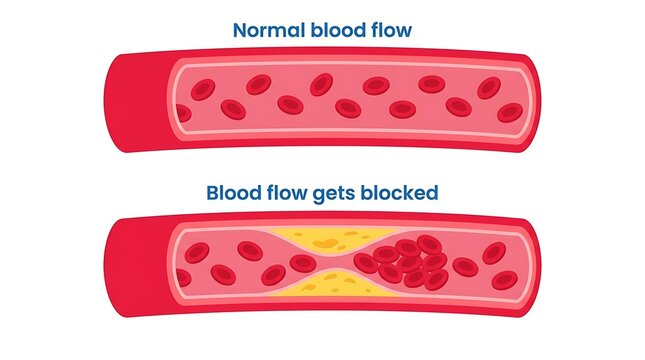 Medical vector illustration of normal blood flow and blocked artery thrombosis