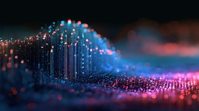 High‑tech digital art illustration of binary code arranged as a wavy three‑dimensional landscape, vertical light columns topped with glowing 1s and 0s forming an undulating data field, cyan blue to ma