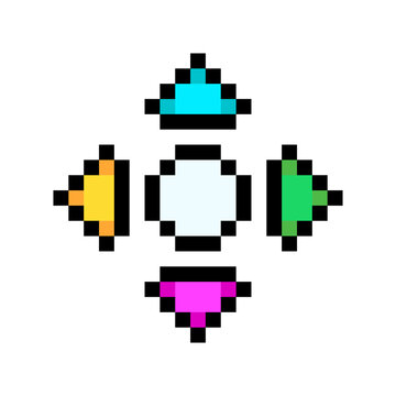 Directional d pad navigation controller arrows pixel art style icon colorful game UI. Four directional arrows center select button pixelated game control UI asset isolated white background