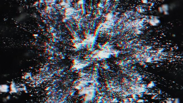 Dynamic abstract digital glitch explosion effect. Particles expand outwards creating a noisy, corrupted data visual. Futuristic and energetic, with chromatic aberration.