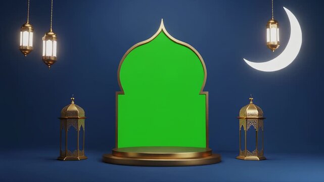 Islamic Arch with Green Screen and Crescent Moon during Ramadan with Lanterns