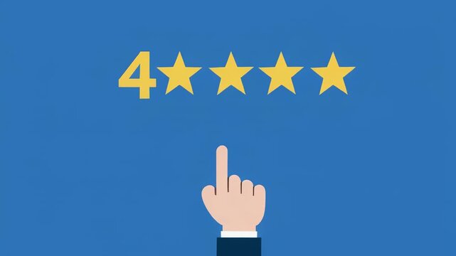 Hand rating four stars with pointer finger on blue background illustrating customer satisfaction and feedback during online review