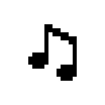 Music note melody audio sound effect icon pixel art style black simple design. Double eighth music notes pixelated audio icon video game interface graphic asset isolated white background