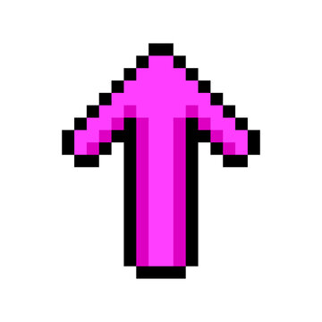 Up arrow direction jump movement button pixel art style icon magenta pink theme. Pointing up pixelated movement control video game UI asset isolated white background