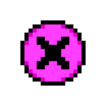 Cancel button close delete cross mark pixel art style icon pink round shape. Button letter X cross pixelated game menu control UI asset isolated white background