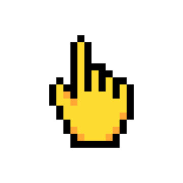 Cursor hand pointer click selection icon pixel art style game UI yellow sleeve. Pointing hand gesture pixelated cursor icon video game interface graphic isolated white background