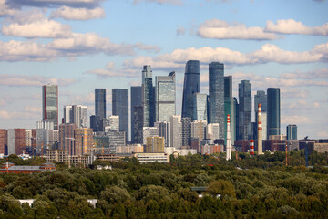 Fototapeta premium View to skyscrapers of Moscow city in summer. Futuristic cityscape, russian economy and real estate