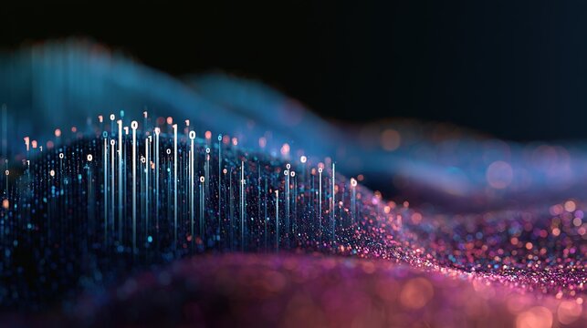High‑tech digital art illustration of binary code arranged as a wavy three‑dimensional landscape, vertical light columns topped with glowing 1s and 0s forming an undulating data field, cyan blue to ma