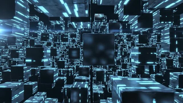Abstract 3D animation of a futuristic digital network with glowing blue cubes and light streaks. Suitable for technology, data, and science concepts.