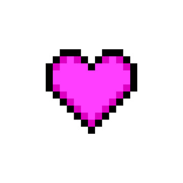 Full heart life health point status icon pixel art style game design pink color. Magenta pixelated heart shape full health life indicator game UI asset isolated white background