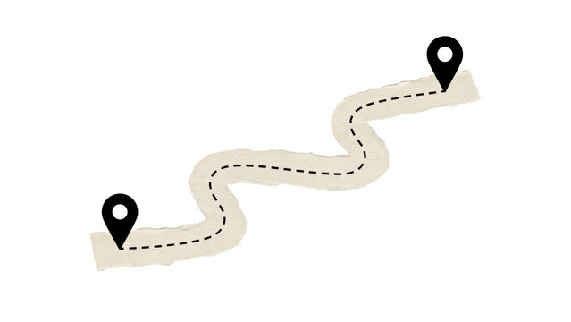 Winding path with two black map location pins on a light beige textured ribbon shape isolated on a transparent background