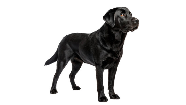Black hunting dog standing side view canine pet portrait isolated on white background