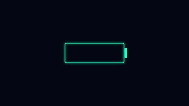 Neon glowing battery charging animation, digital energy level indicator for ui 4k