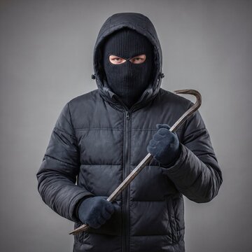 criminal wearing black balaclava holding a metal crowbar looking directly at the camera.