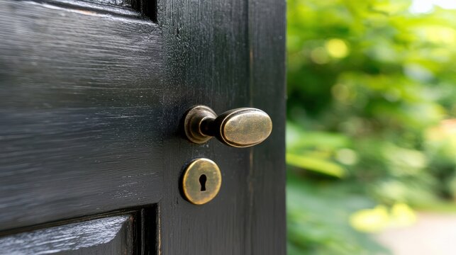A black door with a brass handle and lock.