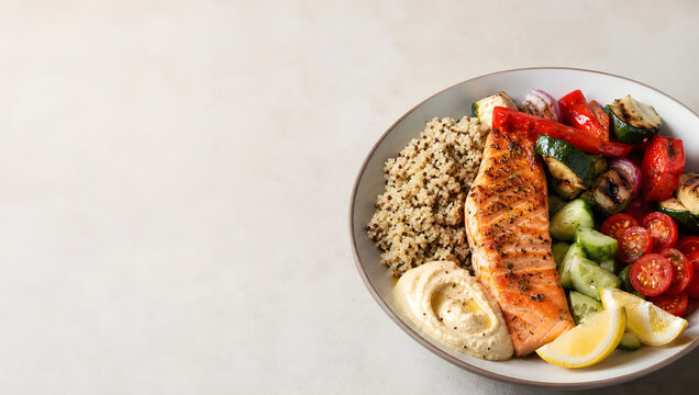 Grilled Salmon with Fresh Vegetables, Healthy Gourmet Dinner Plate with Tomato and Green Salad for a Delicious Balanced Meal