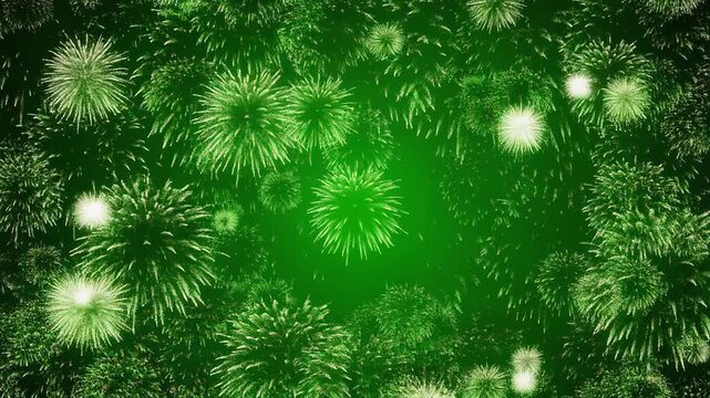 Green virus particles multiplying with glowing bokeh in dark space
