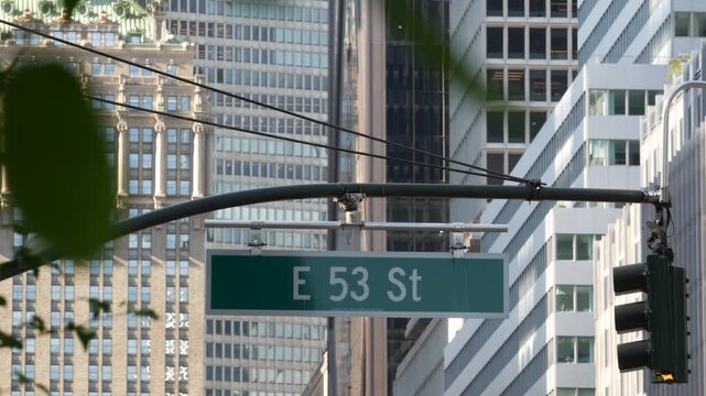 New York City Park Avenue, 53 street sign in Manhattan Midtown, United States. American urban road sign, traffic sign in NYC, USA. Building architecture near Grand Central. Central business district.
