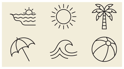 Fototapeta premium Summer beach icons set with sun palm tree ocean waves and beach umbrella line art vector illustration beach ball holiday symbols sun symbol tropical vacation sunshine recreation