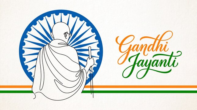 Happy Gandhi Jayanti Greeting Banner with Walking Mahatma Gandhi Illustration Ashoka Chakra and Tricolor Typography Design